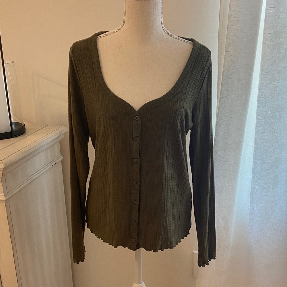 Old Navy Forest Green Ribbed Button-Up Blouse